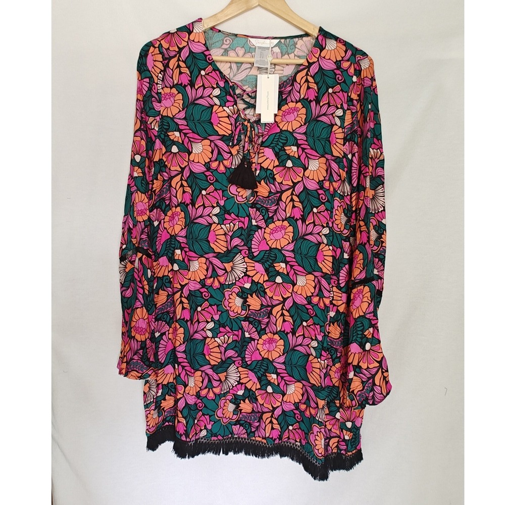 Sunshine 79 Isle Nouveau Beach‎ Coverup Tunic Pink Green Orange Black Floral L